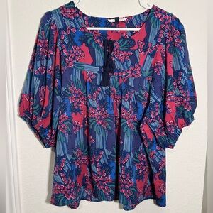 Michelle Mcdowell Floral Abstract Pink Blue Tie Neck Short Sleeve Blouse Size M